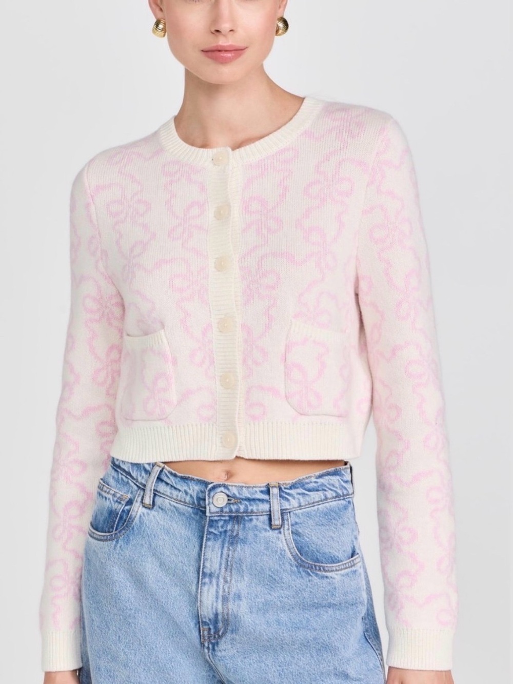 LoveShackFancy Cream and Light Pink Cropped Crewneck Cardigan Bow Pattern Pink